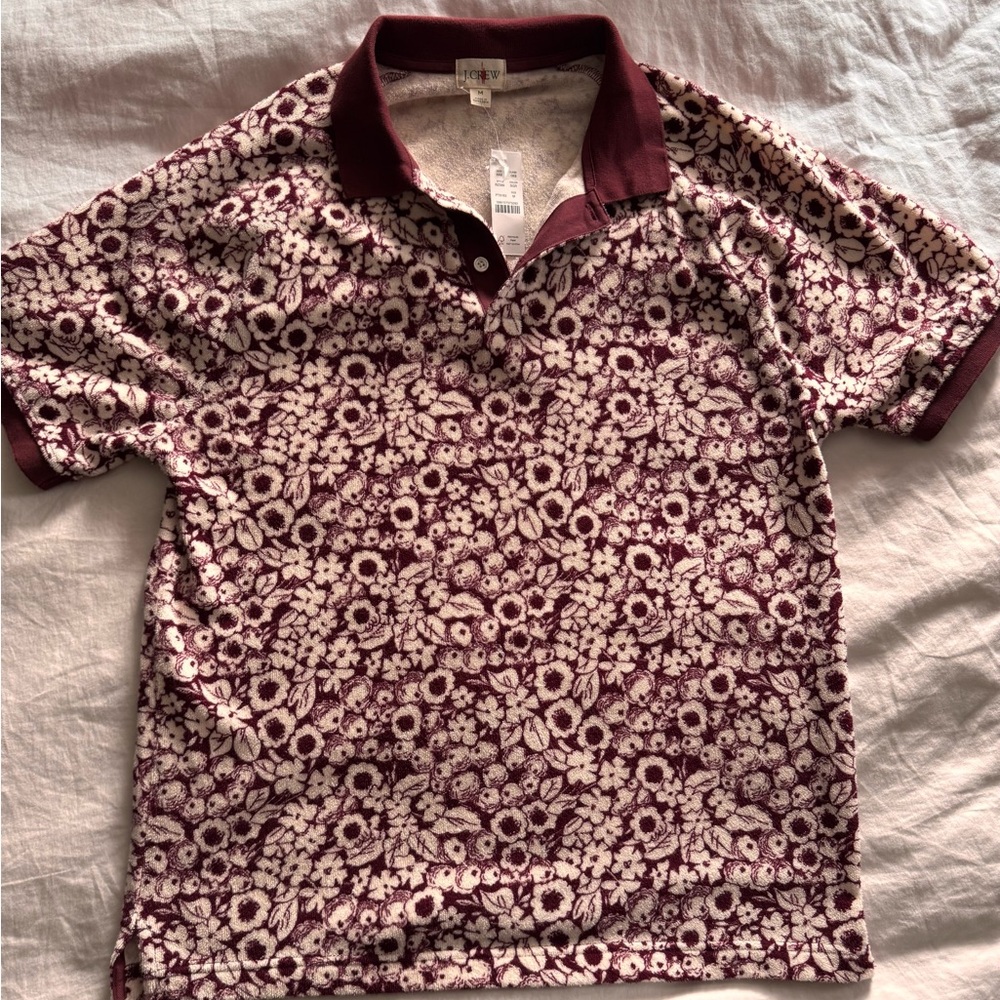 J. Crew Maroon and Cream Floral Polo